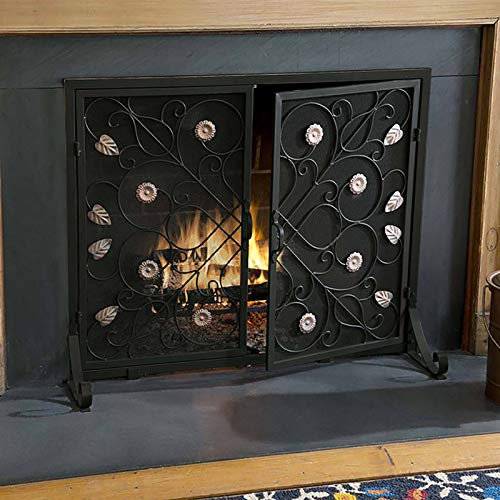 Electric FireplaceFireplace Screen,Fireplace guard Classical Flower Leaf Wrought Iron Fireplace Screen with Doors, Single Panel Fire Place Standing Gate Black Solid Decor Mesh Cover, W 38inc