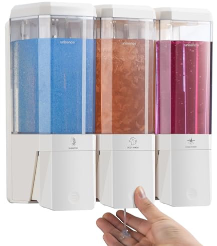 Unisence Distributeur de shampooing et d'après-shampoing, distributeur de douche à 3 chambres sans perçage, distributeur de savon mural pour salle de bain, hôtel, grande capacité 3 x 500 ml, blanc