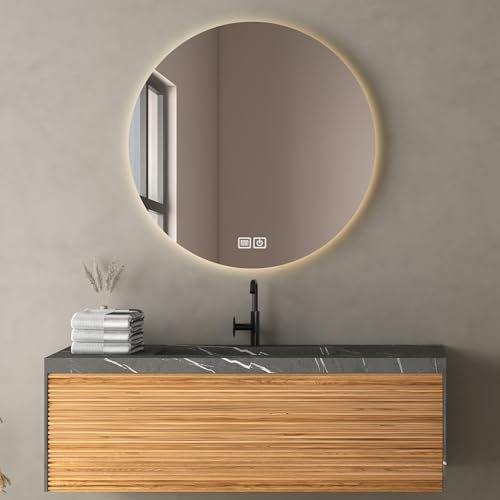 Bayt Miroir Rond de Salle de Bain – 60 cm – LED Dimmable avec 3 Modes d’Éclairage – Fonction Antibuée – Chauffant – Miroir Lumineux