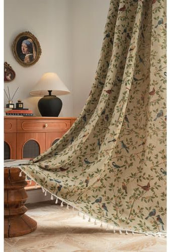 Tokusyou Landhaus Vorhänge Vintage Blickdicht Beige Gardinen Leinenoptik Boho Jacquard Vögel Blätter Baumwolle Vorhange mit Quaste Rod Pocket für Wohnzimmer Schlafzimmer 1 Stück B150×H240cm