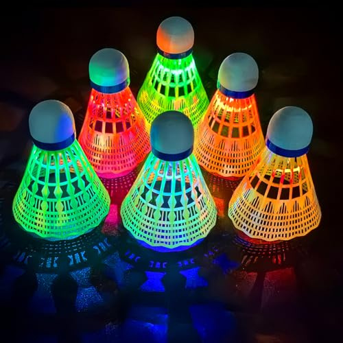 Umllpet 6 Stück Led Badmintonbälle, Led Badminton Bälle Set Kinder, LED Nylon Sport Badminton, Leuchtende Federbälle Led Leucht-Federball für Kinder Erwachsene, Indoor und Outdoor Sportaktivitäten