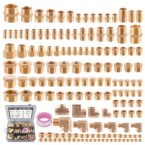 Ailbiuko 156PCS Brass Pipe Fittings Assortment Kit 1/8 1/4 3/8 1/2 3/4 NPT Adapter,Reducer Bushing, Hex Nipple, Reducing Hex Coupling,Hex Head Plugs,Street Elbow,Street Tee,Socket Plug