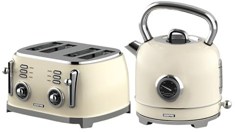 GEEPAS 1.8L Electric Kettle & 4 Slice Bread Toaster Kitchen Combo Set | 3000W Vintage Cordless Stainless Steel Kettle Auto Shut-Off, Temperature Gauge | Defrost/Reheat/Cancel 1500W | Cream Retrovive