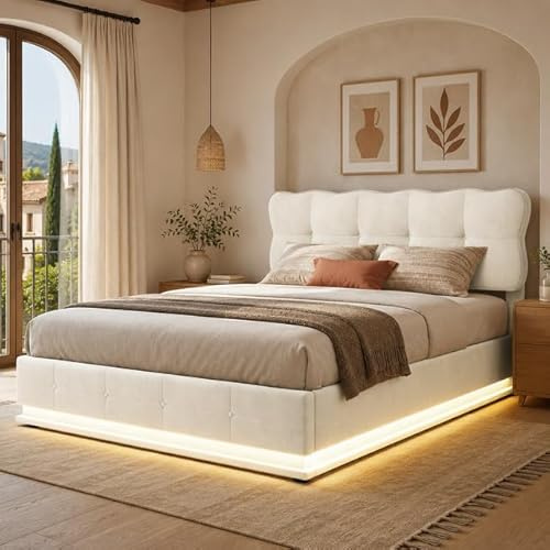 MGMYM Gepolstertes 140x200 cm Doppelbett mit Stauraum, Samtbett Stauraumbett mit Beleuchtung und Verstellbares Kopfteil, Boxspringbett mit Bettkasten für Erwachsene und Jugendliche (Beige B)