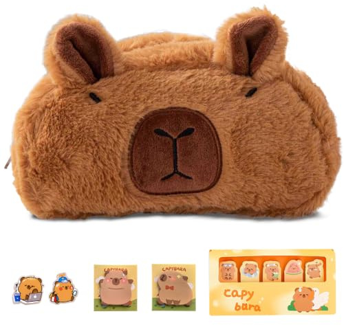 FOSDICK Capybara Federmäppchen Kawaii Capybara Mäppchen Capybara Federtasche Plüsch Federmappe Pencil Case Mädchen Jungen Etui Schule Set Federpenal mit Index Tabs Haftnotizen