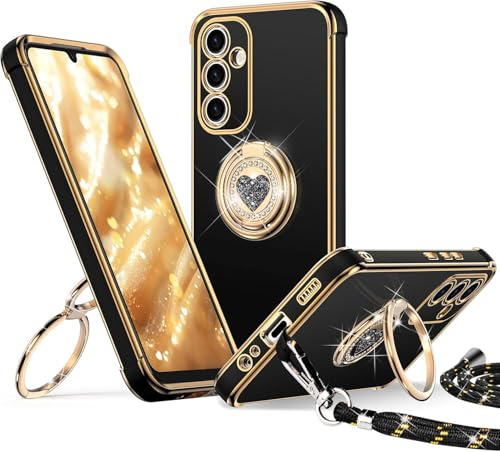 XYZ für Samsung Galaxy A17 5G Hülle mit Band, Schwarz | Herzen Doppelring Ständer HandyHülle, Frauen Mädchen Dünn Stoßfeste Case mit Handykette, Anti Kratzt SchutzHülle