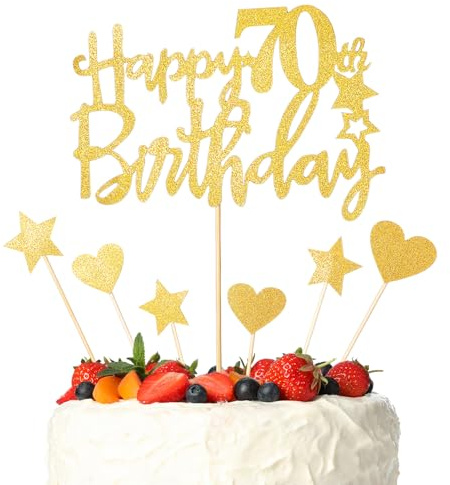 ZEYIYER 70th Birthday Cake Toppers, Gold Happy 70th Birthday Cake Decorations with Star Heart, Seventy Years Old Cakes Pick for Women, Party Supplies