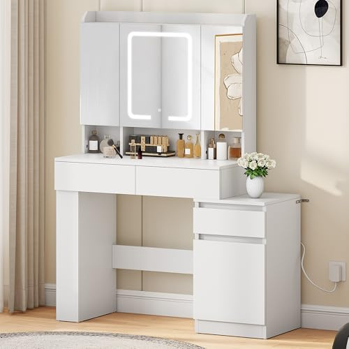 YITAHOME Dressing Table with 3-Sided Mirrors & 3-Color LED Lights, Makeup Desk with Adjustable Shelves, 3 Drawers, 1 Cabinet, 6 Hooks, and Jewelry Pack, White, 110 x 40 x 146 cm