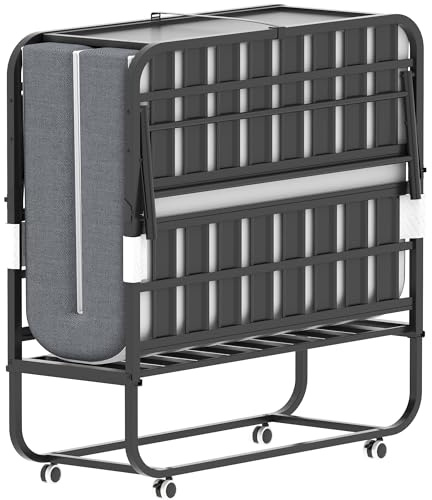 Klappbett mit Matratze – Gästebett klappbar & platzsparend, 190x116 cm, 9,5 cm Memory-Foam, stabiler Metallrahmen bis 136 kg, mit Kopfteil & Rollen – Faltbares Einzelbett für Erwachsene als Reisebett