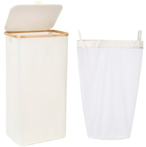 Sea Team White 90L Foldable Laundry Bin Bamboo Handles Removable Liner Lid