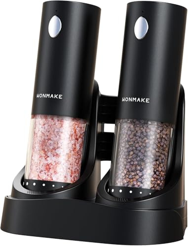 WONMAKE Electric Salt and Pepper Grinder Set, Pepper Mill Automatic Rechargeable Ceramic Grind with Charging Base/LED Light/6 Adjustable Coarseness, for Ideal Kitchen Gadget
