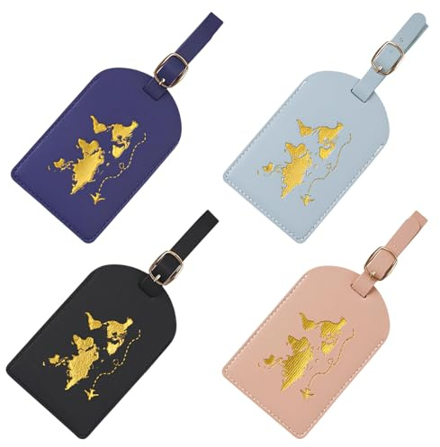 Étiquettes à Bagage Lot de 4 en Similicuir PU, Porte Étiquette Valise Réglable avec Motif Doré, 4 Couleurs pour Voyage Avion, Identification Rapide des Valises et Sacs