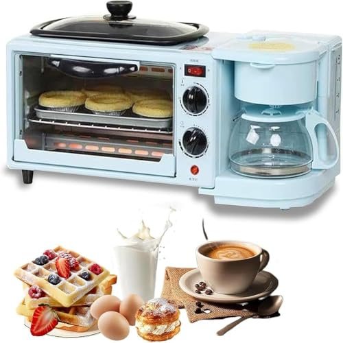 MYUYEE Estación De Desayuno Eléctrica 3 En 1: Máquina De Desayuno Multifuncional con Olla De Cocción De 1,2 L, Área De Horneado De 9 L Y Cafetera.(Azul)