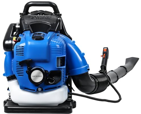Rucksack Laubbläser Benzin 75,6cc 4-Takt, 2,6 kW, 750 CFM, 6800 U/min, 1,9 L Tank – Profi Laubbläser für Garten, Park, Straße & Baustelle, auch für Schneeräumen & Staubentfernung – Blau