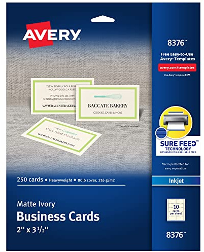 Avery Printable Business Cards with Sure Feed Technology, 2 x 3.5, Ivory, 250 Blank Cards for Inkjet Printers (08376)
