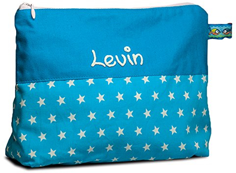 Waschtasche Sterne mit Namen, Kosmetiktäschchen personalisiert, Waschbeutel, Kinderbeutel, Reisebeutel, Kosmetiktasche Kinder (1012_97 türkis)