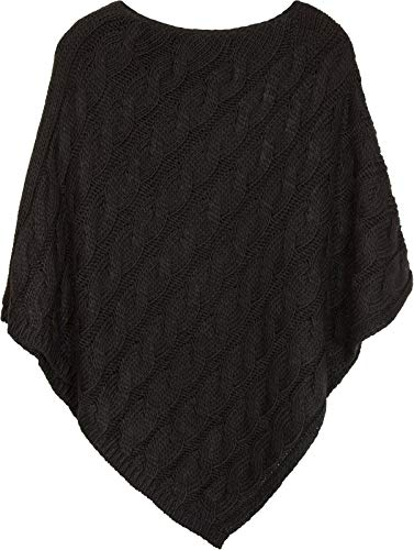 styleBREAKER Strick Poncho mit Zopfmuster, Rundhals Strickponcho, Grobstrick, Damen 08010040, Farbe:Schwarz