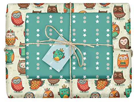 dabelino 4x doppelseitiges Eulen-Geschenkpapier + 4x Geschenkanhänger für Kinder | Made in Germany | (Einzelbögen 42x59cm, DIN A2)