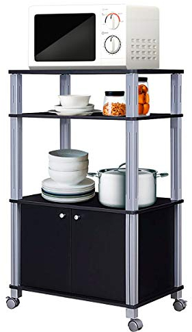 COSTWAY Scaffale da Cucina per Microonde Carrello, con Ruote e 2 Ante, Multifunzionale e Movimento Flessibile, 60x40x98 cm MDF, plastica (Nero)