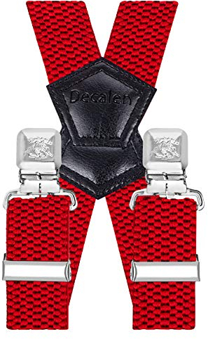 Decalen Hosenträger für Herren Breit 4 cm mit sehr Starken 4 Metall Clip Lang Einheitsgröße für Männer und Damen Einstellbar und Elastisch X Style (Rot)