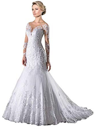CGown Damen Illusion Langarm Meerjungfrau Brautkleid für Braut mit Zug Spitze Applikation Perlen Strand Brautkleid Gr. 34, weiß