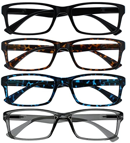 OPULIZE PEP Reading Glasses for Women Men, Large Rectangular Designer Frame with Spring Hinges, Scratch Resistant, Black, Brown, Blue, Grey +1.5 (Pack of 4)