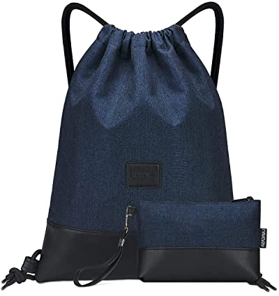 LIVACASA Turnbeutel Hipster Sportbeutel Wasserabweisend Mit Leder Gym Beutel Gefüttert Mit Innentasche Schlüsselbund Damen Gym Bag Herren Tüte Rucksack Außentasche Gymsack Blau mit Geldtasche