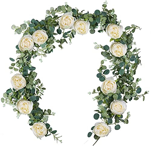 SHACOS 6FT/185cm Blumengirlande Künstlich Champagner Kunstblumen Girlande Rosengirlande Pfingstrosen Eukalyptus Hängend Girlande für Hochzeit, Deko, Party