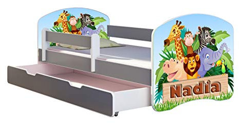ACMA Kinderbett Jugendbett mit Einer Schublade und Matratze Grau mit Rausfallschutz Lattenrost II (02 Animals name, 180x80 + Bettkasten)