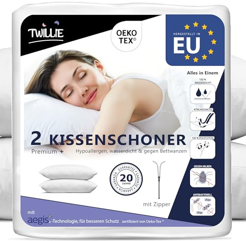 Twillie Kissenbezug Wasserdichter 40x80 cm (Set mit 2 Stück) - Aegis® - Öko-TEX® zert. – Kissenschoner mit Reißverschluss – Kissenschutzbezug Atmungsaktiv, Hypoallergen, Anti-Milben, Antibakteriell