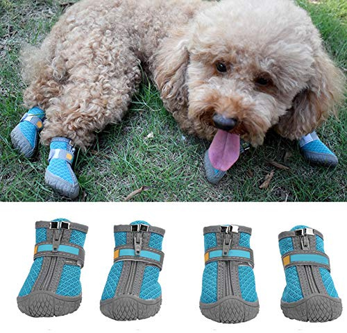 Hundeschuhe Stiefel, Hund Hund Sommerschuhe Stiefel Stiefeletten mit atmungsaktiven Outdoor-Mesh rutschfeste Gummisohlen verhindern Kratzer lecken(#4-Blauer See)