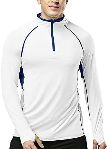 Muscle Alive Men's Quarter Zip Running Active T Shirts Workout Long Sleeve Jersey with Thumb Holes Polyester and Spandex White XL