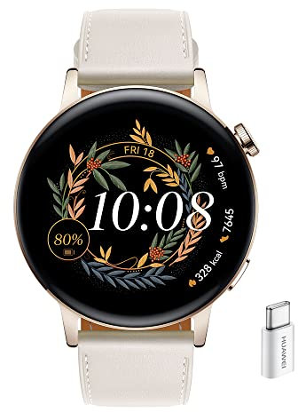 HUAWEI Watch GT 3 42 mm Smartwatch, batería de larga duración, monitorización SpO2, AI Running Coach, monitor de frecuencia cardíaca, más de 100 modos de entrenamiento, adaptador Ap52, piel blanca