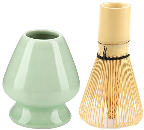 Matcha Tea Whisk Set Ceramic Holder Stand 100 Prongs Chasen for Tea Set Accessories (Green with Whisk)