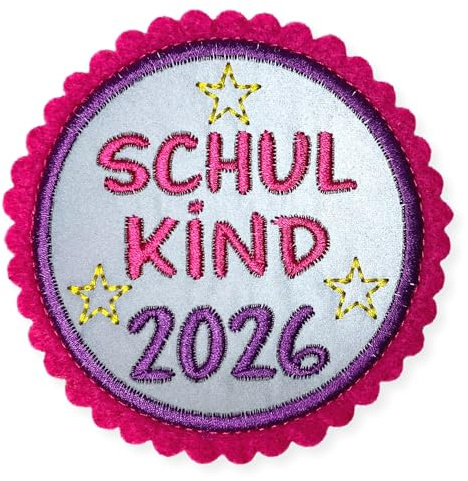 ZauberDrum Klettie Schulkind 2026 für Schulrucksack - reflektierend - ca. 8cm - pink und lila