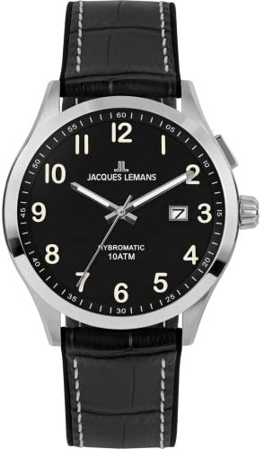 JACQUES LEMANS Herrenuhr, Hybromatic Uhren Männer, Chronograph aus massivem Edelstahl mit Silikon-Leder Armband, Herrenuhr großes Ziffernblatt - Suit for Men, Model 1-2130D, Arm Herrenuhr groß