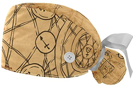 2 Packungen Arbeitskappe mit Knöpfen und Band für Frauen langes Haar, verstellbares Baumwollschweißband Pferdeschwanzhalter Raffhalter Hüte Aquarell Alchemy Hintergrund, multi, Einheitsgröße