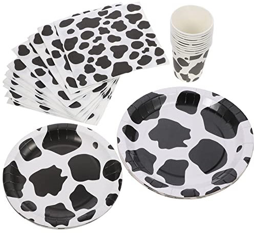 Toddmomy Suministros de fiesta con estampado de vaca, vajilla de fiesta de cumpleaños, vasos de papel de vaca, juego de vajilla con estampado de vaca, suministros para fiesta de cumpleaños de granja
