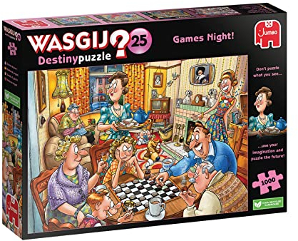 Wasgij Destiny 25, Games Night - 1000 Piece Jigsaw Puzzles for Adults - Colourful, Fun, Challenging & Brainteasing Adults Jigsaw Puzzle - Puzzle the Future - 100% Recycled Cardboard - 1000pcs - Jumbo