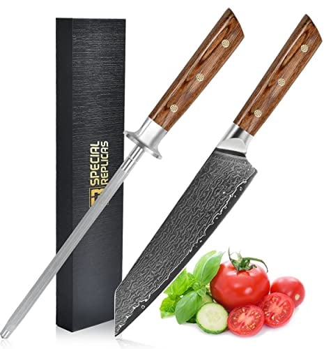Kitchen Knife (20cm) with Diamond Knife Sharpener - Japanese Knife with 67 Layers of Damascus Steel - Sharp Knife - Damascus Chef Knife - Cooking Knife with Blade Sharpener - Gift Box Included