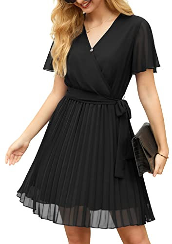 GRECERELLE Womens Summer Casual Wrap Dress Chiffon Cute Pleated Beach Tie Waist Dresses for Women (Black, XXL)
