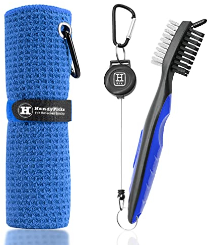 Handy Picks Golf Towel Microfiber Waffle Pattern Golf Towel (Easy Storage) with Carabiner - Club Brush with Club Groove Cleaner and Retractable Clip - Essential Golf Combo Cleaning Kit (Blue)