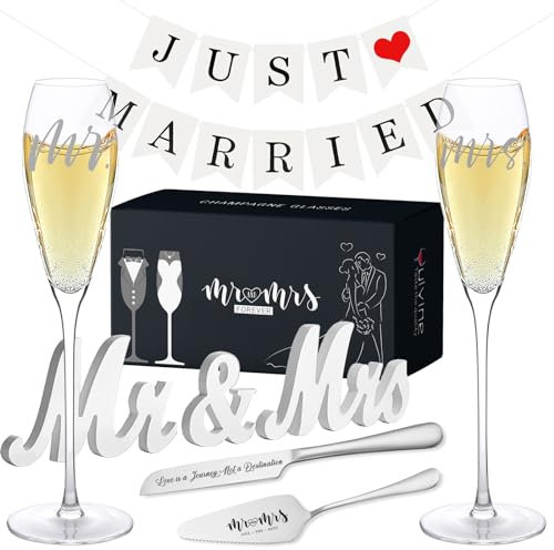 YULVINE Engraved Mr and Mrs Champagne Flutes Wooden Sign,Wedding Toasting Glasses for Bride and Groom,Cake Knife and Server Set Just Married Banner for Couple Reception Ceremony