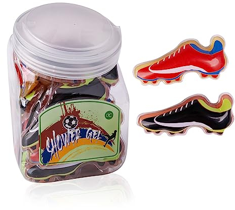 accentra Mini-Duschgel “Fußball” – Großpackung Gastgeschenk für Kindergeburtstag, Tombolapreis oder Adventskalender Füllung – Bonbonglas mit 24 x 50 ml, 2 Motive/Duftsorten
