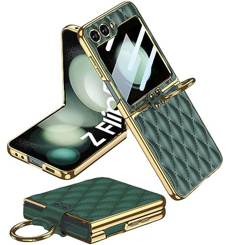 Miimall Lederhülle Kompatibel mit Samsung Galaxy Z Flip 5 Hülle mit Kameraschutz+Ring Ständer Galvanisierter Rahmen Stoßfest Handyhülle für Galaxy Z Flip 5-Wald Grün