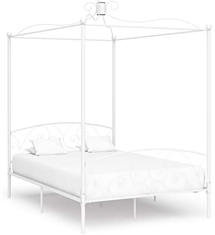 Festnight Himmelbett Gestell 140 x 200 cm Himmelbett Metall Metallbett Weiß Bettgestell Metall Bettrahmen mit Lattenrost Modern Jugendbett Schlafzimmerbett Schlafzimmermöbel