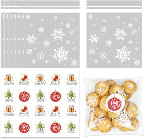 Kekstüten Weihnachten Tüten weihnachten Cellophantüten: Tüten zum Befüllen Plätzchentüten Weihnachten Süßigkeiten Tüten Geschenktüten Schneeflocke Weihnachten Plätzchentüten für Snacks(10x10cm)