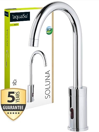 'aquaSu® Waschbeckenarmatur mit Sensor Soluna mit Wasserspar-Mischdüse, berührungslose Bedienung, Keramikkartusche, Schaftbefestigung, Messingkern, verchromt, Betrieb mit Netzteil oder Batterie,799164