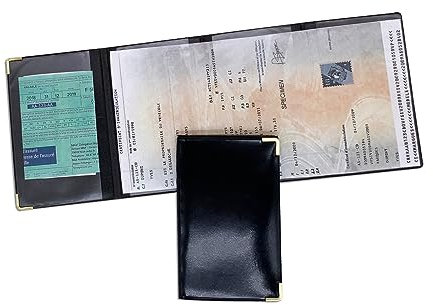 Porte Carte Grise et Assurance 4 Volets, Etui pour Le Rangement des papiersde véhicule, PVC Effet Cuir Vernis, Couleur Noir, Fabriqué en France dans Le département du Gard