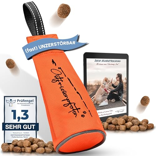 Ostfriesenpfoten® - extrem strapazierfähiger Futterbeutel 'Enno' | ohne Metallösen | plastikfreie Verpackung | Orange | Größe S | Futterdummy inkl. eBook für Dein Agility-Training – bei 30° waschbar